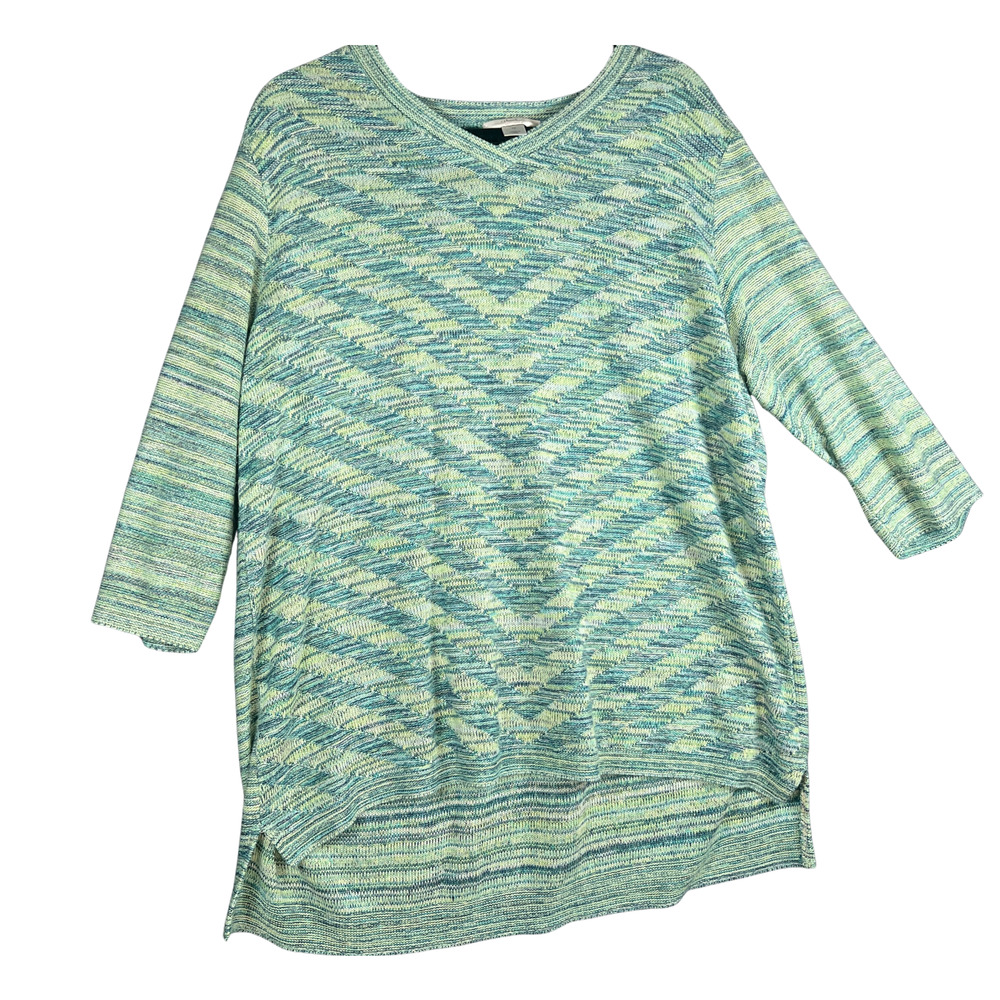 CJ Banks Plus 1X Green Marled Sweater V Neck 3/4 Sleeve Tunic Y2K Cozy Knit Top
